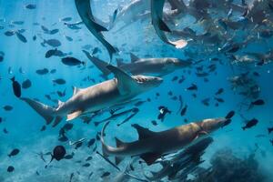 Group of sharks underwater in blue ocean. Aquatic life in Maldives photo
