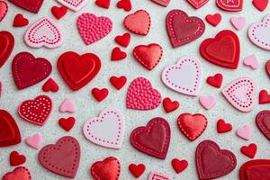 A background of many beautiful hearts for Valentine's Day. A pattern from the heart. A lot of hearts are lying on the table. View from above. photo