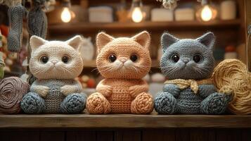 Three knitted cats sitting on a shelf photo