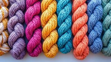 A row of colorful yarns on a white surface photo