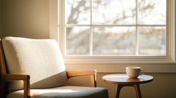 Cozy reading nook with a wooden chair and a cup of coffee on a small round table near a sunlit window. A peaceful and relaxing corner with warm natural light. photo