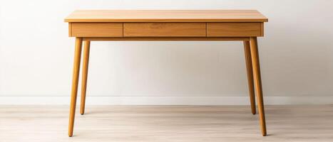Minimalist wooden desk with drawers in a modern interior. The table has a natural wood finish, tapered legs, and a simple design, making it suitable for home or office spaces. photo
