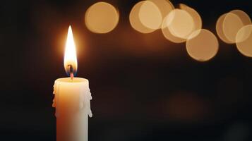 Burning candle with warm bokeh lights in the background. The soft glow of the flame creates a peaceful and intimate atmosphere, symbolizing relaxation, meditation, or remembrance. photo