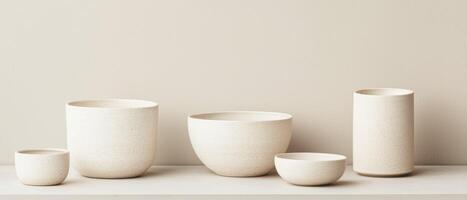 Minimalist ceramic vases and bowls arranged on a shelf against a neutral background. The modern speckled design and soft tones create a clean and elegant aesthetic for interior decor. photo