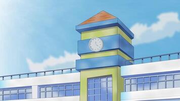 The exterior of a Japanese school with a clock tower combines functionality and subtle elegance suitable for anime scene footage video
