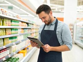young man apron is using tablet while standing grocery store aisle filled with various products. He appears focused and photo