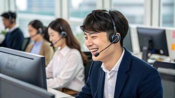 Smiling customer service representative providing technical support modern office environment, showcasing teamwork. photo