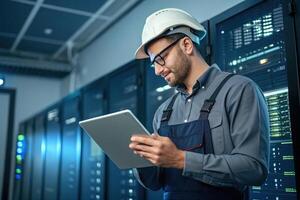 technician in hard hat and glasses is using tablet in server room, showcasing technical support and expertise photo