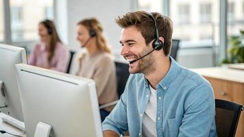 Smiling man in call center, providing technical support with headset, showcasing positive work environment and teamwork photo