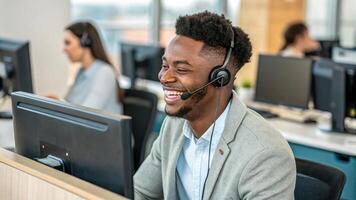 A Smiling customer service representative providing technical support modern office environment, showcasing professionalism and photo