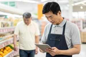 man apron is checking inventory tablet grocery store, while another customer browses nearby. atmosphere is focused and photo