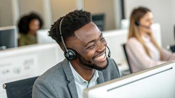 Smiling customer service representative in modern office, providing technical support with enthusiasm and professionalism photo
