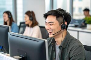 Smiling customer service representative modern office, providing technical support with headset, showcasing teamwork and photo