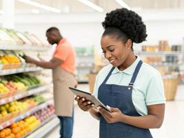 smiling woman apron uses tablet grocery store, surrounded by fresh produce, while man shops background, showcasing teamwork photo