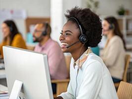 Smiling woman with headset modern office, providing technical support and assistance to clients, showcasing teamwork and photo