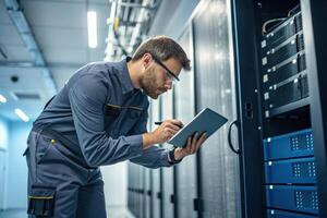 technician in data center is using tablet to monitor systems, showcasing technical support and attention to detail photo
