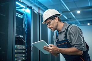 technician in hard hat and overalls is focused on tablet while working in server room, ensuring technical support photo