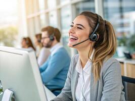 cheerful customer service representative provides technical support while engaging with clients in modern office environment photo
