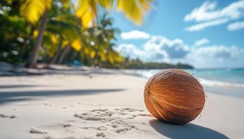 A coconut on the beach with palm trees in the background photo