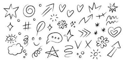 Hand drawn chalk doodle collection showcasing various fun shapes and symbols on a white background vector