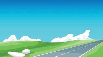 Stylized landscape with a asphalt road goes straight ahead. Fluffy white clouds dot a bright blue sky above rolling green hills. Whimsical scene that evokes a sense of journey and open space. vector