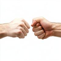 Male hands performing fist bump against white backdrop, symbolizing collaborative achievement, mutual support, and workplace camaraderie, conceptual, about unity, two hands towards each other photo