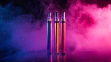 Electronic cigarettes standing on reflective surface with smoke in background photo
