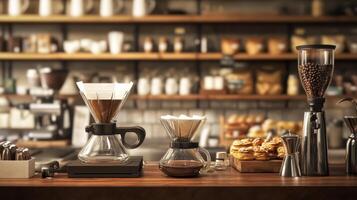 Coffee brewing in modern cafe with pastries and coffee beans, small business photo