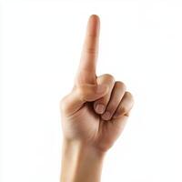 Hand pointing with index finger upwards on white background photo