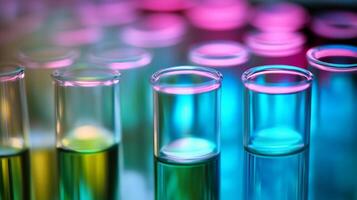 Test tubes containing colorful chemical substances in laboratory setting, minimalist, analysis, research, experiments photo
