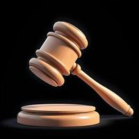 Wooden Gavel on a Pedestal Symbol of Law and Justice on black background template for banner, poster and card photo