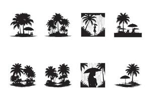 Silhouette of Palm Trees on Tropical Islands with Rain and Umbrella vector