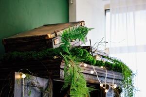 Vintage suitcase on a decorated shelf with ferns and fairy lights in a cozy room photo