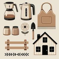 A charming collection of farmhouse-themed illustrations featuring home and kitchen elements in a warm, rustic style. Ideal for creative projects and cozy design aesthetics. vector