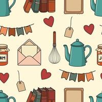 Charming seamless pattern with cozy home elements like teapots, jam jars, books, and hearts. Great for stationery, textiles, wrapping, and warm seasonal designs. vector