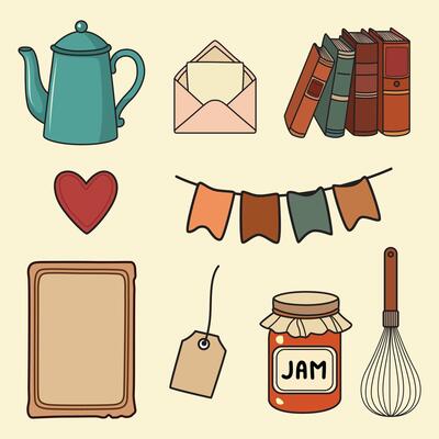 A warm and inviting set of illustrations featuring books, kitchenware, banners, and handmade details. Great for creative projects with a homey or nostalgic touch.