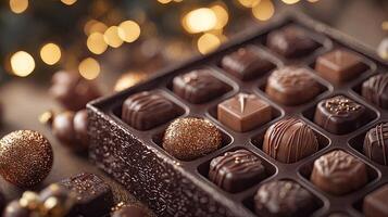 Luxury Assorted Box of Chocolate Truffles with Golden Decorations and Bokeh Lights photo