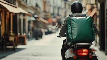 Courier on Motorbike with Green Box in City Street photo