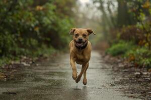 A brown dog with a happy expression runs down a forest path, enjoying a rainy day. photo