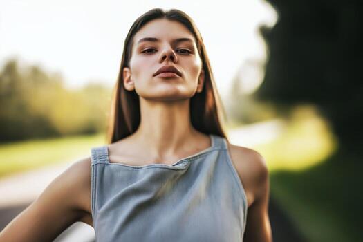 A woman standing on a road with a green field in the background photo