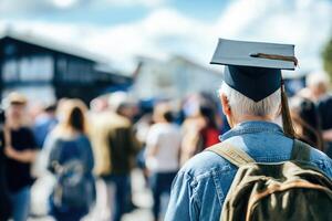 A man wearing a graduation cap and backpack is standing in front of a crowd photo