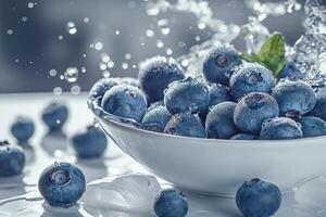 A white bowl filled with ripe blueberries and ice sits on a white table, with water droplets scattered around. photo