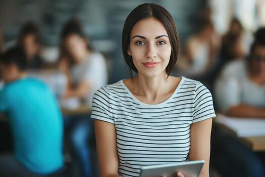 Waitress assists customers using a digital tablet in a bustling restaurant with faded colors photo