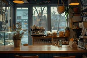 A wooden counter in a small coffee shop, with a window view of the street outside. photo