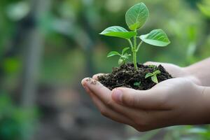 A close-up of a hand holding a small clump of dirt with three tiny saplings growing from it. photo