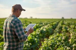 A farmer stands in a field, using a tablet to monitor crops. photo