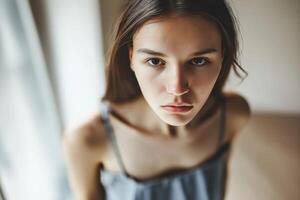 A woman with long hair and a blue shirt photo