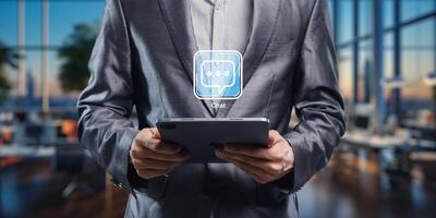 Business Professional Using Chat Icon on Tablet for Customer Interaction photo