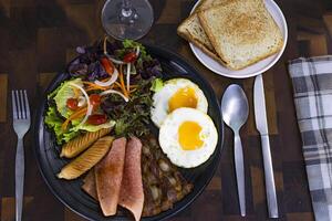 Above View Of A Breakfast Set On A Wooden Table photo