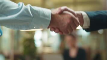 Close up hands shaking men business partners guys meeting in office greet businessmen teamwork cooperation handshaking two male colleagues arms handshake partnership bank deal agreement hire candidate video